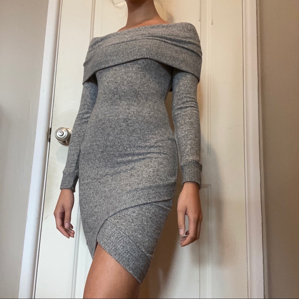 Grey off the shoulder sweater dress